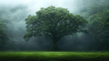 Majestic tree stands alone in misty forest, surrounded by lush greenery and tranquility photo
