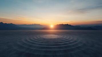 serene landscape featuring concentric circles flat surface, with stunning sunset illuminating photo