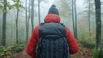 hiker in red jacket and gray backpack walks through misty forest, surrounded by trees photo