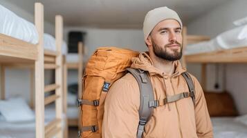 Cozy hostel room with traveler wearing backpack, exuding sense of adventure and comfort photo