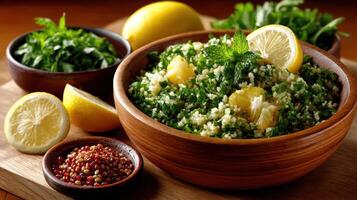 Fresh tabbouleh salad with parsley, mint, and lemon, garnished with spices and herbs photo
