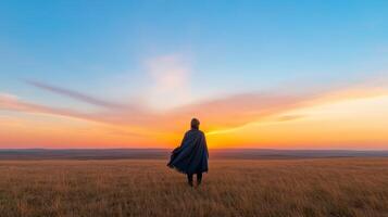 figure stands vast field, draped cloak, gazing stunning sunset. warm colors of twilight create photo