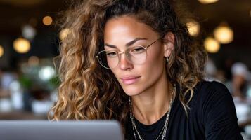 Curly haired woman focused on laptop in modern cafe, showcasing concentration and style photo