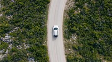 Aerial view of winding road surrounded by lush greenery, showcasing car driving along path photo