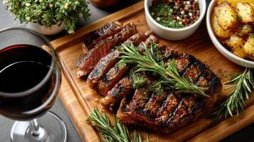 deliciously seared steak dinner with herbs, wine, and sides photo