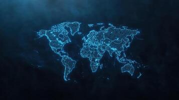 glowing world map with blue lines and dots against dark background creates futuristic atmosphere photo