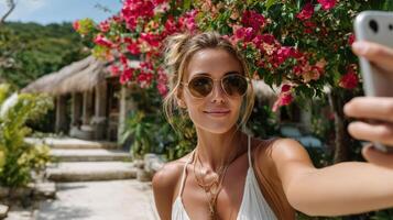 traveler enjoying sunny day while taking selfie tropical paradise surrounded by vibrant flowers photo