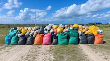 Colorful bags of trash stacked neatly after community cleanup event, showcasing teamwork photo