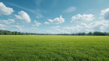 Lush green field under bright blue sky with fluffy clouds, creating serene atmosphere photo