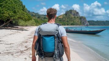 traveler with backpack stands on sandy beach, gazing at boat and lush greenery photo