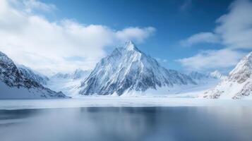 Majestic mountain peak reflected in serene, icy lake under clear blue sky photo