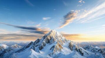 Majestic mountain landscape at sunset with glowing ridgelines and snow covered peaks photo