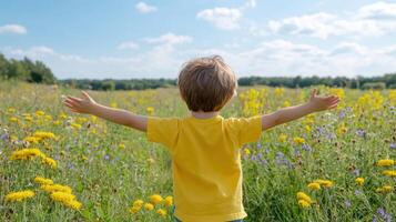 child joyfully runs through vibrant field of wildflowers, arms wide open photo