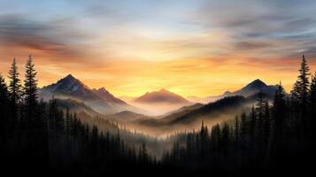 Majestic mountain landscape at dusk with vibrant sky and misty valleys photo