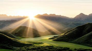 Breathtaking mountain range glowing in warm light with sweeping valleys and lush greenery photo