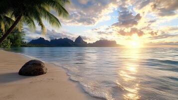 serene beach scene with gentle waves, palm trees, and stunning sunset reflecting on water photo