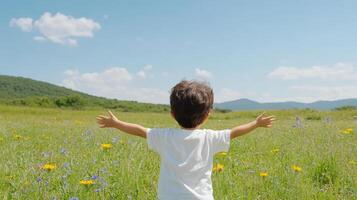 child joyfully runs through field of wildflowers, arms wide open, embracing nature beauty photo