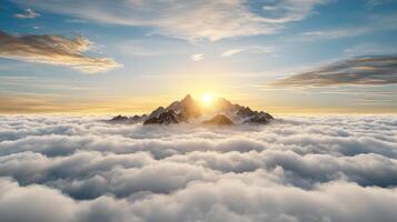 Majestic mountain peak rises above sea of clouds at sunset, creating ethereal atmosphere photo