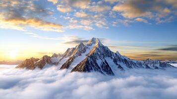 Majestic mountain peak rising above clouds at sunset, creating breathtaking view photo
