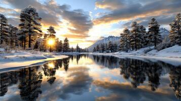 serene winter landscape featuring river reflecting snow covered trees and glowing sunset photo
