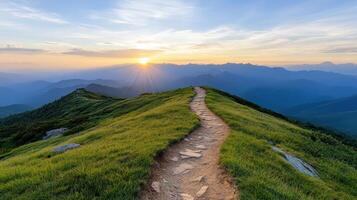 scenic mountain trail sunset, surrounded by lush greenery and distant peaks, evokes tranquility photo