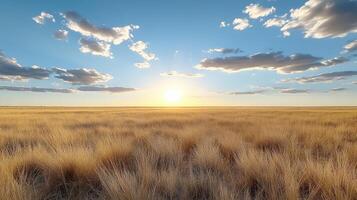 Golden sun setting over vast grassy plains, creating serene and tranquil atmosphere photo