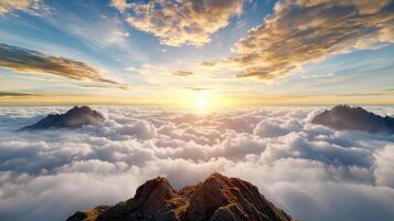 Majestic mountain ridge above clouds at sunset, glowing horizon creates serene atmosphere photo