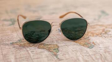 Classic aviator sunglasses resting on vintage world map evoke sense of adventure and travel photo
