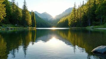 serene alpine lake reflects surrounding mountains and trees sunset, creating tranquil atmosphere photo