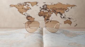 Classic aviator sunglasses resting on folded world map, evoking sense of adventure and travel photo