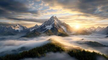 Majestic mountain range with sun setting behind peaks, surrounded by misty clouds and lush photo