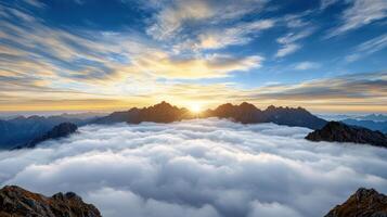 Majestic mountain range above sea of clouds at sunset, creating ethereal atmosphere photo