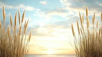 Golden grass sways gently under serene sky at sunset, creating peaceful atmosphere photo