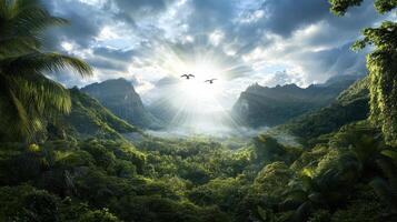 Lush jungle valley glowing in warm evening light, with birds soaring above photo