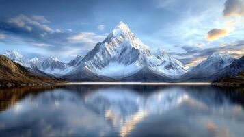 Majestic mountain peak reflecting in serene lake under clear sky, evoking tranquility photo