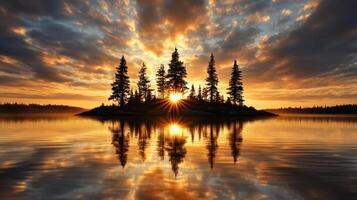 serene island silhouette under vibrant sunset sky reflects beautifully on calm water photo