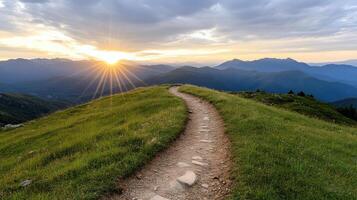 winding trail leads through lush green hills, illuminated by stunning sunset over distant photo
