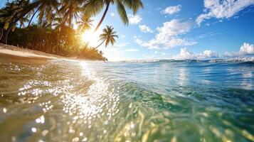 serene beach scene with sparkling ocean waves and palm trees under bright sky photo