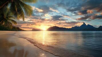serene beach scene features palm trees, glowing sunset, and tranquil waters reflecting vibrant photo