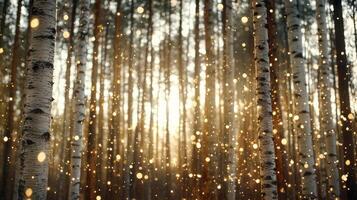 A forest with birch trees and sunlight shining through photo