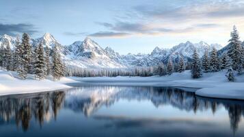 A beautiful winter landscape with snow covered mountains and trees photo