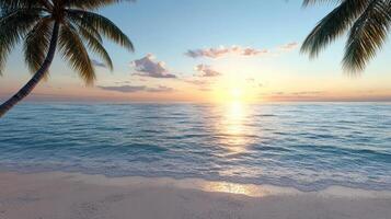 serene beach scene with palm trees framing glowing sunset over calm ocean waves photo