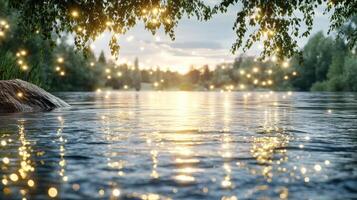 tranquil riverbank at dusk, with shimmering reflections and glowing lights photo