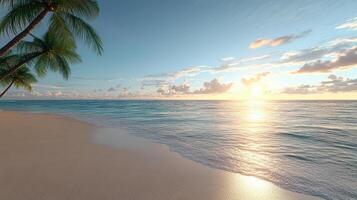 serene beach scene with palm trees, soft waves, and vibrant sunset glow photo