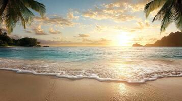 serene tropical beach sunset, with gentle waves lapping shore and palm trees framing scene photo