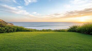serene ocean view from hilltop meadow, with gentle breezes and beautiful sunset photo