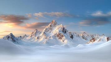 A snowy mountain landscape with a sun setting over it photo