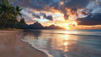 serene beach scene with palm trees, mountains, and vibrant sunset reflecting on water photo