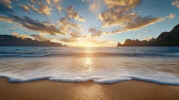 serene beach scene sunset with gentle waves and colorful sky. tranquil atmosphere invites photo