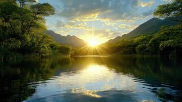 tranquil lake reflecting stunning sunset with mountains and lush greenery photo